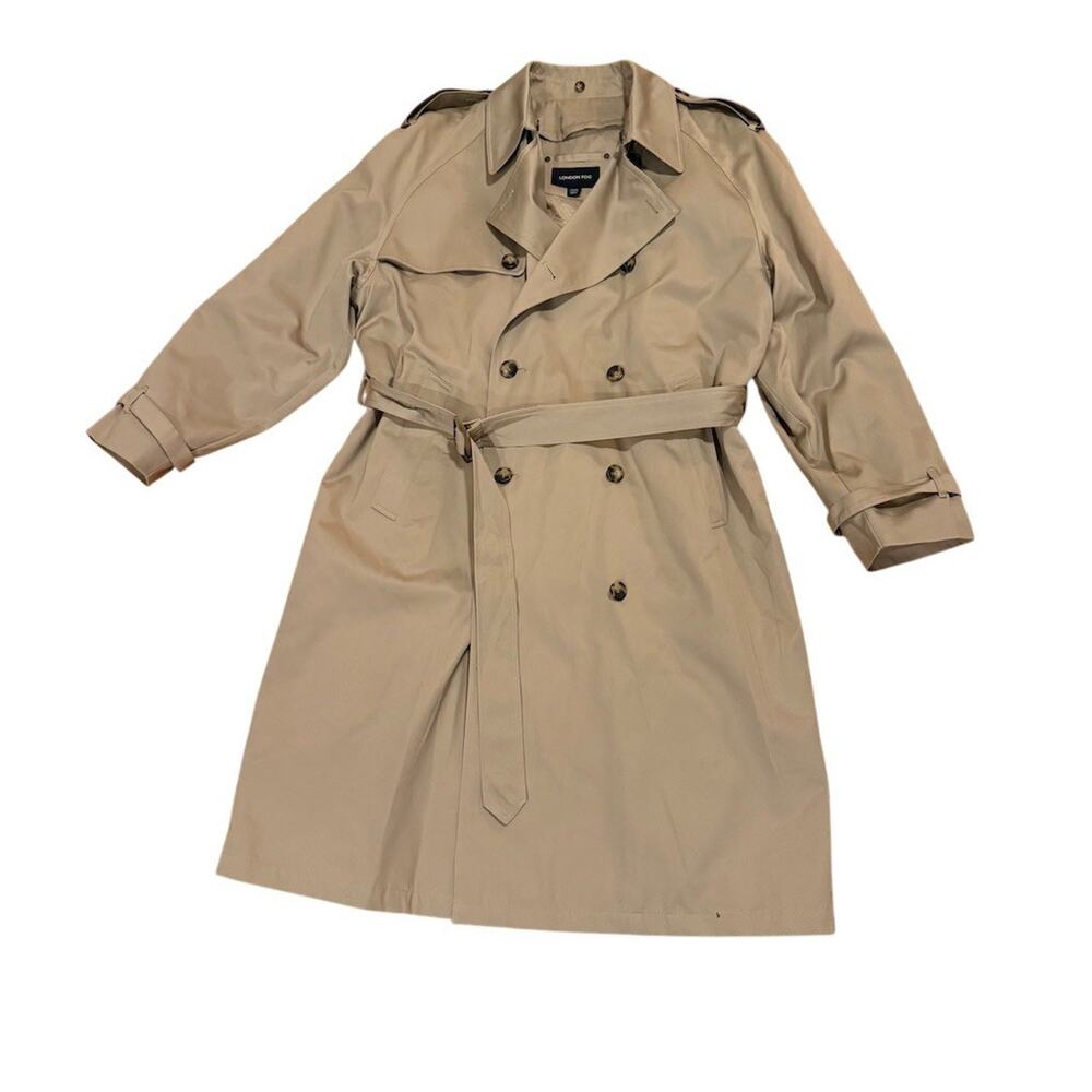 London Fog Trench Coat Mens 42R Beige Double Breasted Belted Long
